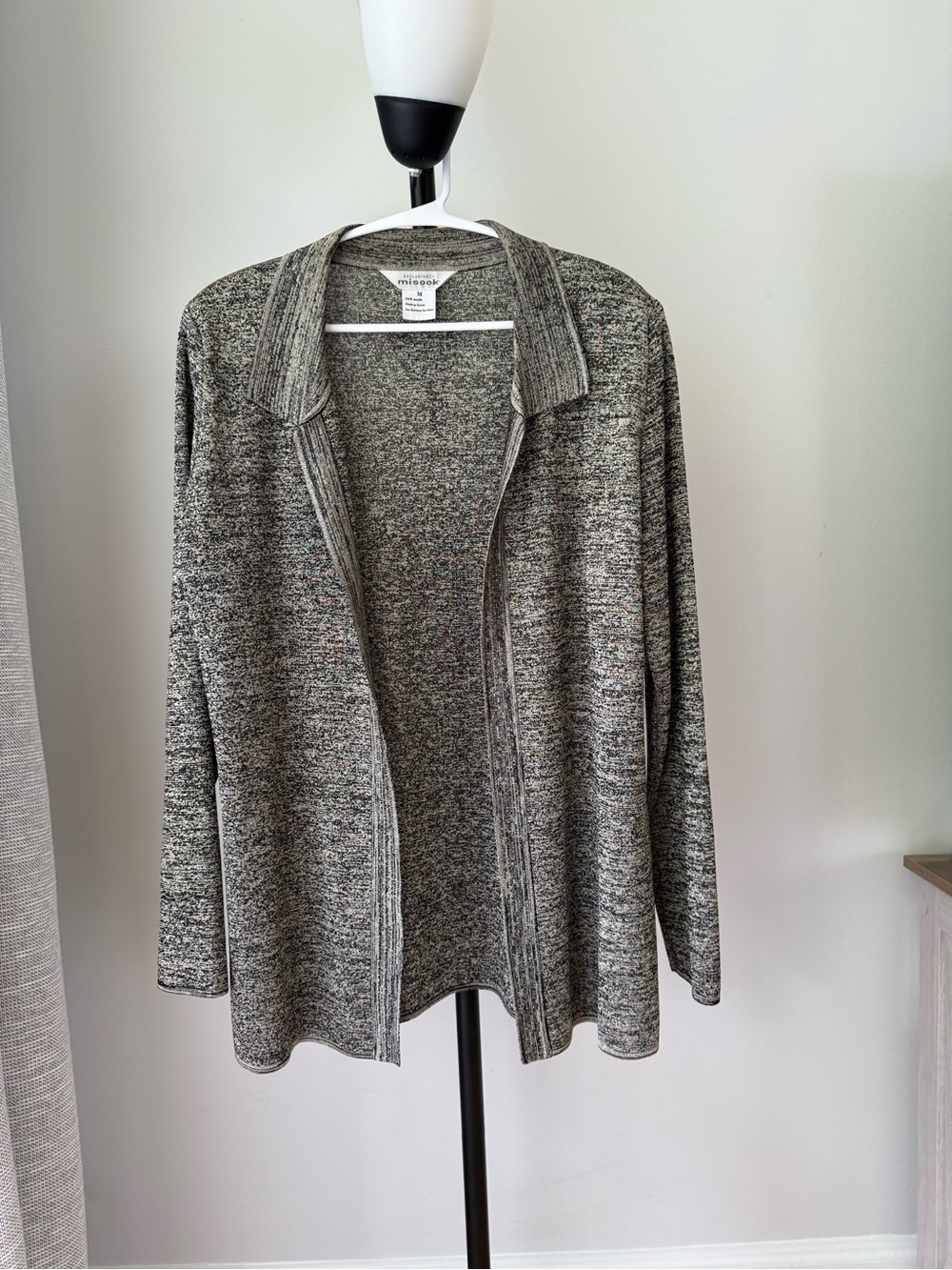 Misook Women’s Open Front Metallic Knit Cardigan Size M Black Gold
